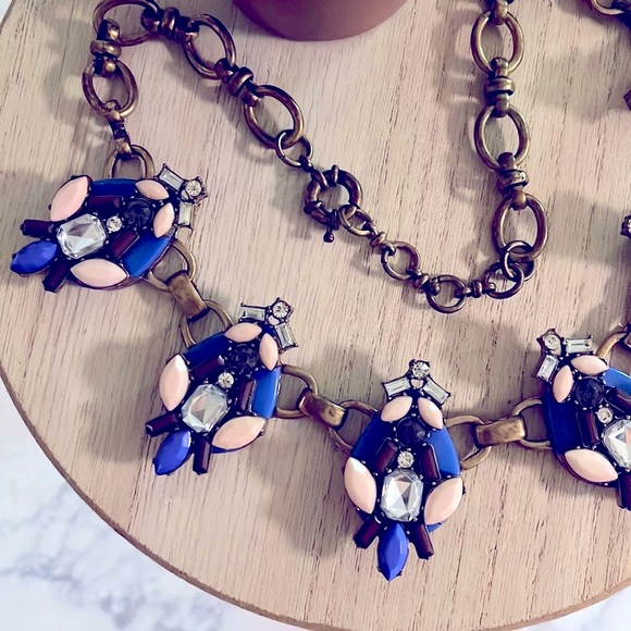 EUC Bump Box | Oversized brass open-link statement necklace pink, blue gemstones - Picture 2 of 6